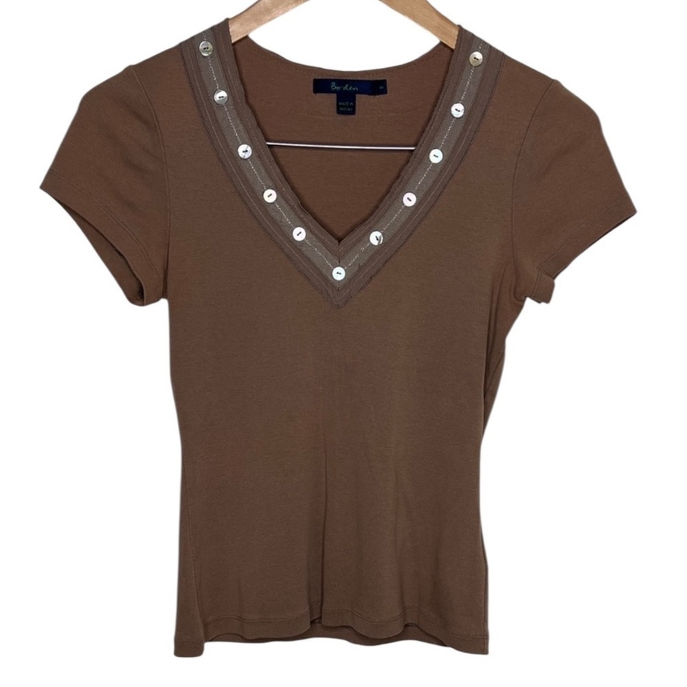 Boden Brown V-Neck Button Short Sleeve Tee Women Size 8